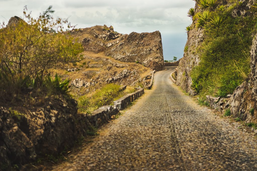 Santo Antao island, Cape Verde. Narrow mountain road on Delgadinho mountain ridge leading to Ribeira